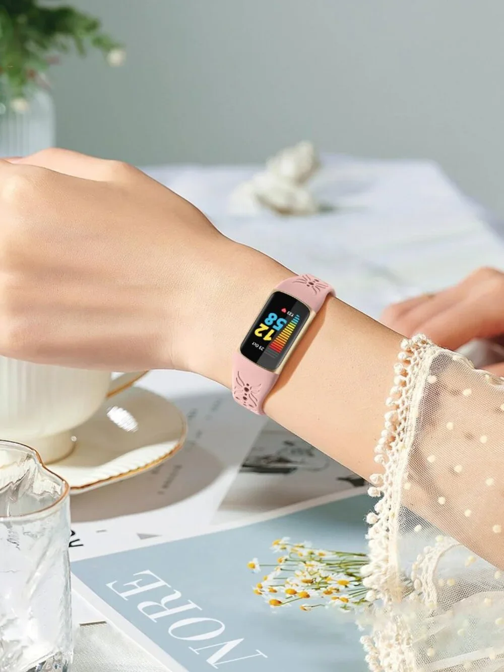 Maledan Slim Engraved Band Compatible for Fitbit Charge 6/Charge 5 Bands Women M